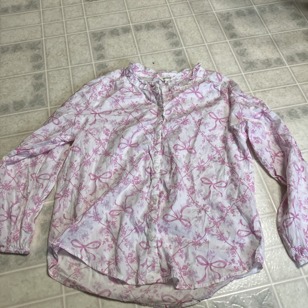 Lucky Brand L White Pink Toile Floral Ruffle Collar Long Slv Button Down Blouse